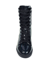 Load image into Gallery viewer, top view of Women&#39;s black shiny hologram shoe with black cotton laces. Inner side of shoe has slots for cards (credit cards, ID, etc.) Rubber outsole.
