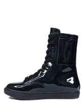 Load image into Gallery viewer, inner side view of Women&#39;s black shiny hologram shoe with black cotton laces. Inner side of shoe has slots for cards (credit cards, ID, etc.) Rubber outsole.
