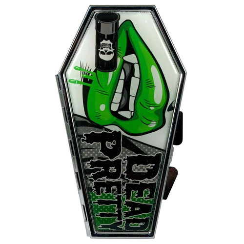 Black and green coffin shaped compact mirror with 2 regular mirrors inside. Design has a picture of a mouth with green lips, vampire teeth and text that reads 