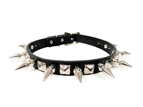 black leather collar with single row of silver spikes and silver pyramid studs