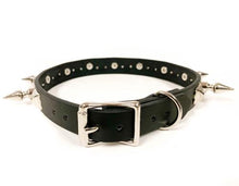 Load image into Gallery viewer, black leather collar with single row of silver spikes and silver pyramid studs. shows adjustable buckle closure
