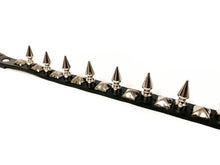 Load image into Gallery viewer, black leather collar with single row of silver spikes and silver pyramid studs
