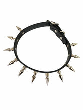 Load image into Gallery viewer, Black leather collar with 1&quot; silver spikes.
