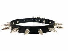 Load image into Gallery viewer, Black leather collar with 1&quot; silver spikes.
