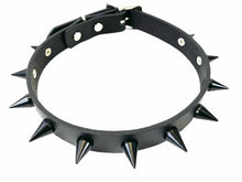 Load image into Gallery viewer, Black leather collar with single row of small black cone spikes.

