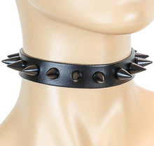Load image into Gallery viewer, Black leather collar with single row of small black cone spikes.
