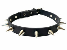 Load image into Gallery viewer, Black leather collar with single row of small silver cone spikes.
