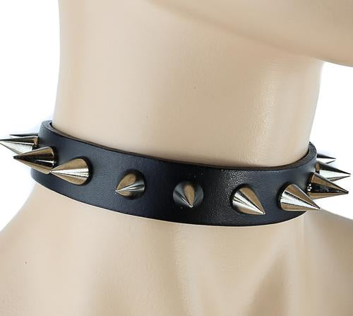 Black leather collar with single row of small silver cone spikes.