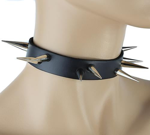 mannequin displaying black leather collar with two rows of one and a half inch silver spikes