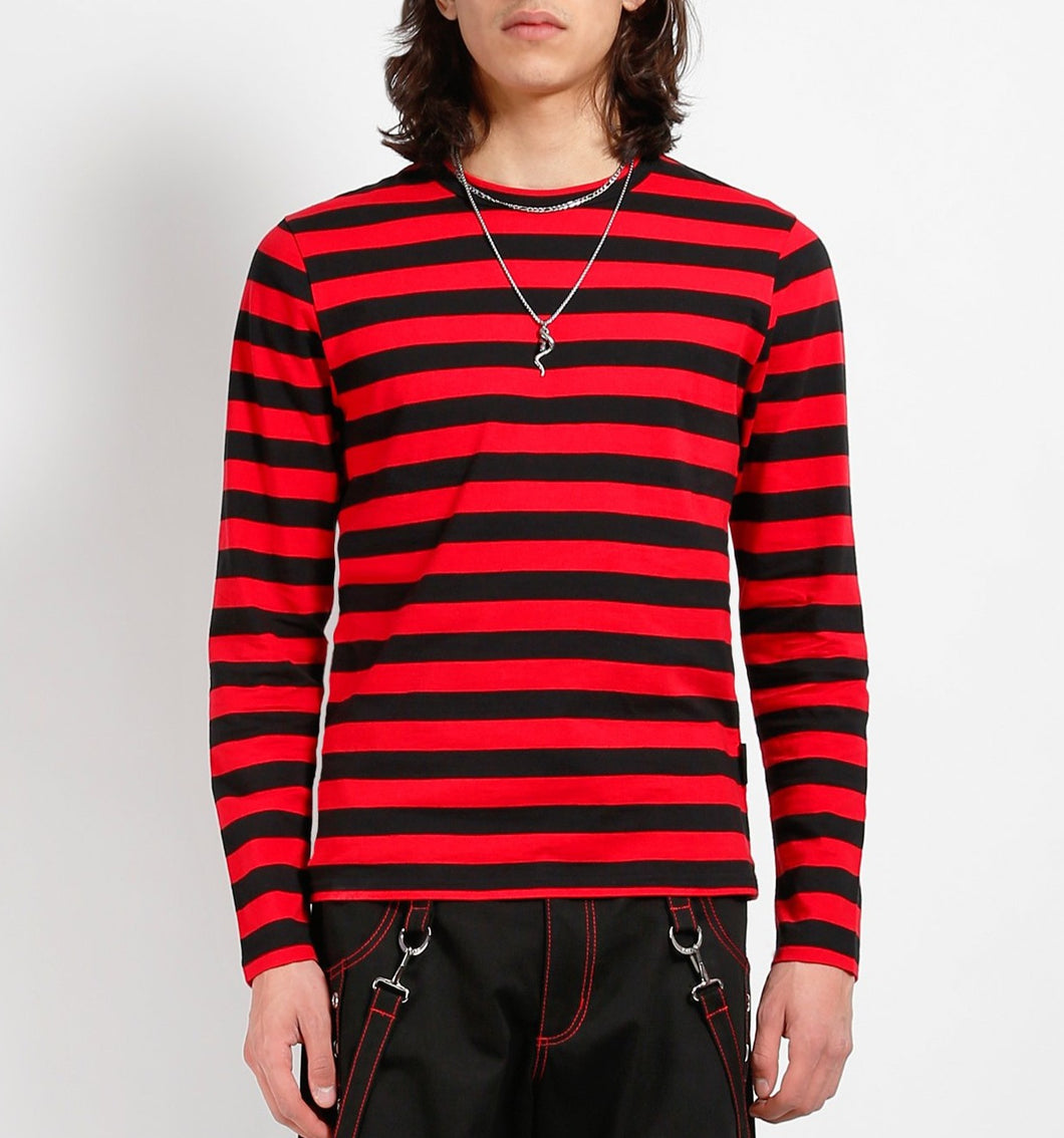 front of Soft cotton black and red striped shirt, with a classic crew neck.