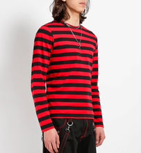 Load image into Gallery viewer, side of Soft cotton black and red striped shirt, with a classic crew neck.
