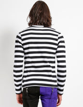 Load image into Gallery viewer, back of Soft cotton black and white striped shirt, with a classic crew neck.
