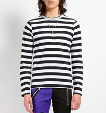 Load image into Gallery viewer, front of Soft cotton black and white striped shirt, with a classic crew neck.
