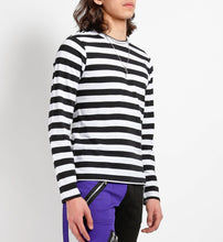 Load image into Gallery viewer, side of Soft cotton black and white striped shirt, with a classic crew neck.
