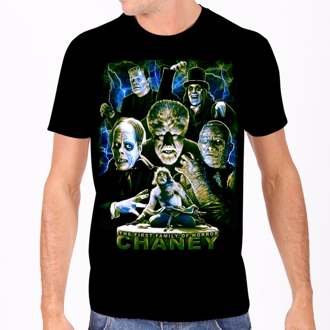 model wearing Black t-shirt with Lon Chaney collage, featuring a picture of Frankenstein's monster, The Phantom of the Opera, Wolfman, The Mummy, The Hunchback of Notre Dame and The Man in the Beaver Hat.