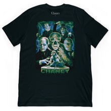 Load image into Gallery viewer, Black t-shirt with Lon Chaney collage, featuring a picture of Frankenstein&#39;s monster, The Phantom of the Opera, Wolfman, The Mummy, The Hunchback of Notre Dame and The Man in the Beaver Hat.
