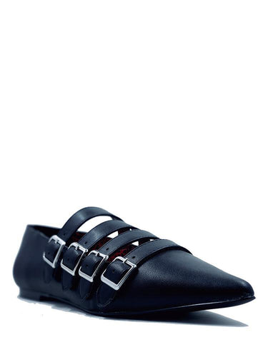 side of Black pointed toe shoe with four straps over the top with silver buckle details. Shoes are 100% vegan with a rubber outsole.
