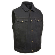 Load image into Gallery viewer, front view of Men&#39;s black snap front vest with shirt collar. Vest has two breast pockets and a hand pocket on each side
