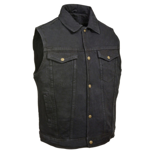 front view of Men's black snap front vest with shirt collar. Vest has two breast pockets and a hand pocket on each side
