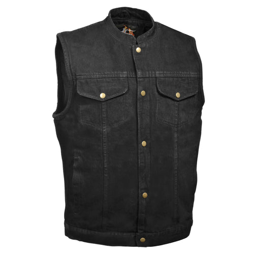 front view of Men's black snap front vest with open collar. Vest has two breast pockets and a hand pocket on each side