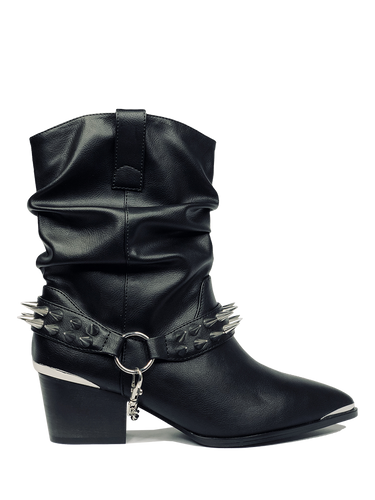 outer side of Women's black vegan mid-calf pull on boot with attached black vegan leather bootstrap. Outer side of bootstrap has a silver O ring. Bootstrap has detachable silver chain that goes underneath boot. Front and back of boot strap have two rows of silver spikes. Black rubber outsole.