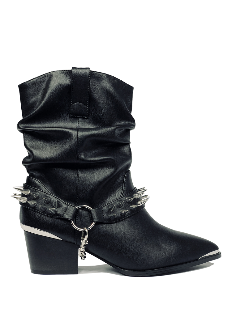 outer side of Women's black vegan mid-calf pull on boot with attached black vegan leather bootstrap. Outer side of bootstrap has a silver O ring. Bootstrap has detachable silver chain that goes underneath boot. Front and back of boot strap have two rows of silver spikes. Black rubber outsole.