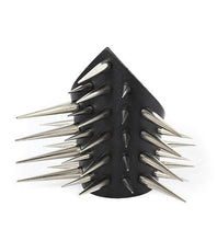Load image into Gallery viewer, triangular shaped black leather gauntlet bracelet with multiple rows of two inch silver needle spikes
