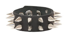 Load image into Gallery viewer, Black leather bracelet with two rows of cone silver spikes.
