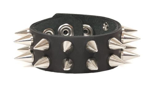 Black leather bracelet with two rows of cone silver spikes.
