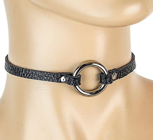 mannequin displaying thin black leather collar with single silver o ring in middle