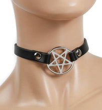 Load image into Gallery viewer, mannequin displaying thin black leather collar with silver inverted pentagram pendant in the front middle
