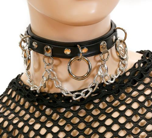 Black leather collar with silver hanging O rings and silver hanging chain.