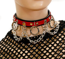 Load image into Gallery viewer, Black and red leather collar with silver hanging O rings and silver hanging chain.
