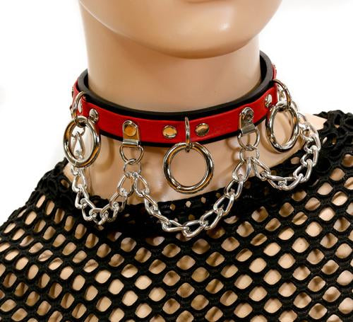 Black and red leather collar with silver hanging O rings and silver hanging chain.