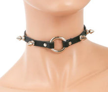 Load image into Gallery viewer, mannequin displaying thin black collar with multiple small silver tree spike studs and single silver o ring in front middle
