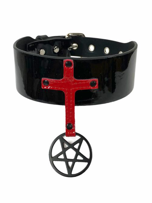 Black patent shiny leather wide collar with red leather hanging cross piece and black inverted pentagram hanging from bottom of cross.