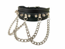 Load image into Gallery viewer, Black leather collar with silver spikes and small silver D rings with attached silver hanging looped chains.
