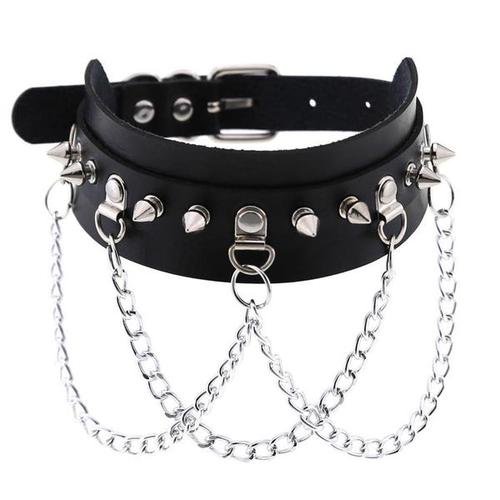 Black leather collar with silver spikes and small silver D rings with attached silver hanging looped chains.
