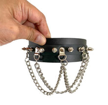 Load image into Gallery viewer, Black leather collar with silver spikes and small silver D rings with attached silver hanging looped chains.
