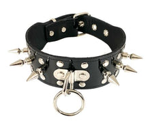 Load image into Gallery viewer, Black patent leather shiny collar with silver spikes, silver rivet studs, and 1&quot; silver O ring hanging from a silver D ring in front center.
