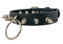 Load image into Gallery viewer, Black leather collar with 1&quot; silver spikes and 2&quot; O ring hanging from the center.
