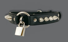 Load image into Gallery viewer, Black Leather Collar w/ Silver U Ring, Lock and Spike Details
