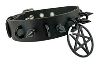 Load image into Gallery viewer, Black leather collar with 1&quot; black spikes, U ring detail, and 2&quot; black inverted pentagram hanging from front center.
