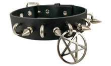 Load image into Gallery viewer, Black leather collar with 1&quot; silver spikes, silver U ring detail, and 2&quot; silver inverted pentagram hanging from front center.
