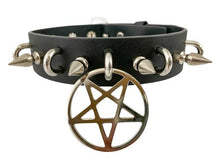 Load image into Gallery viewer, Black leather collar with 1&quot; silver spikes, silver U ring detail, and 2&quot; silver inverted pentagram hanging from front center.
