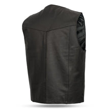 Load image into Gallery viewer, back of Black leather four snap vest, with four button snap closure. Two horizontal pockets, two conceal carry pockets with tapered holsters. Interior pockets one cellphone pocket on left hand side. Mesh lining on inside back panel.
