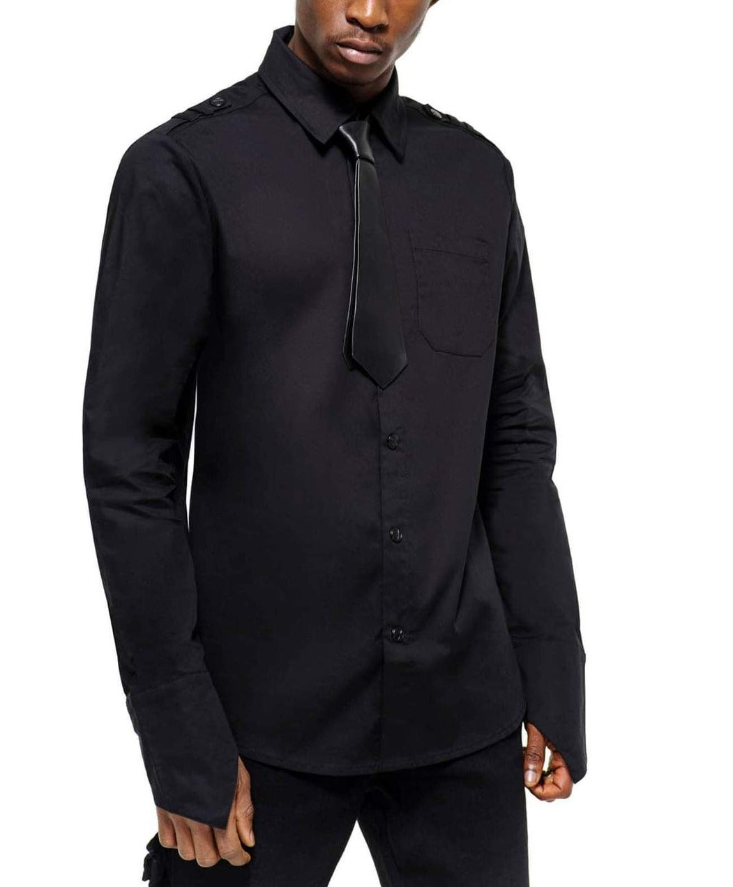 front view of black button up shirt with built on pleather tie, front pocket and extra long pointed sleeves.