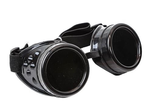 Black steampunk goggles with black lenses.