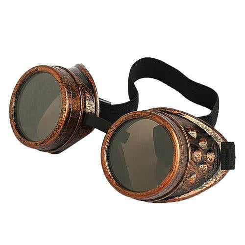 Copper steampunk goggles with black lenses.