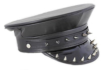 Load image into Gallery viewer, Black matte police hat with shiny patent vegan leather bill. Bill has silver spike details.
